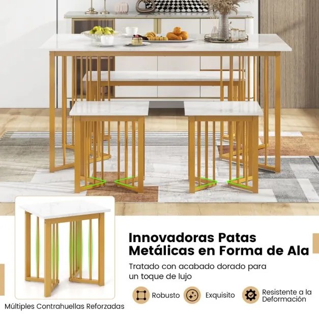 Conjunto de jantar 4 peças Mesa retangular com banco e 2 bancos Pernas de metal em grão de mármore Branco + dourado