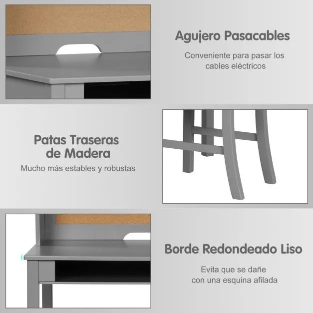 Conjunto de secretária e cadeira para crianças com Gavetas e Estantes Cinzento