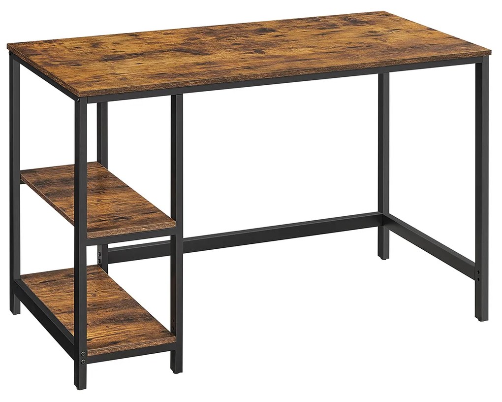 Mesa de computador VASAGLE, escrivaninha com 2 prateleiras à esquerda ou à direita, mesa de trabalho para sala de escritório, estrutura de aço, industrial, marrom rústico e preto LWD47X