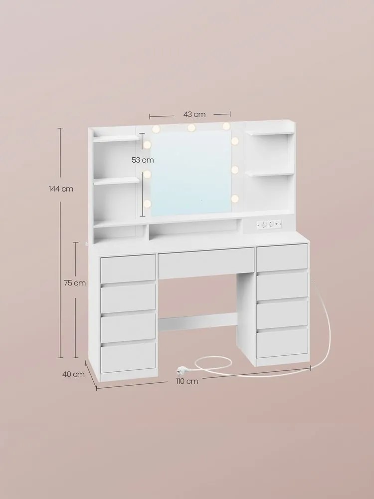 Toucador com espelho e iluminação com estação de carregamento 40 x 107 x 144 cm branco