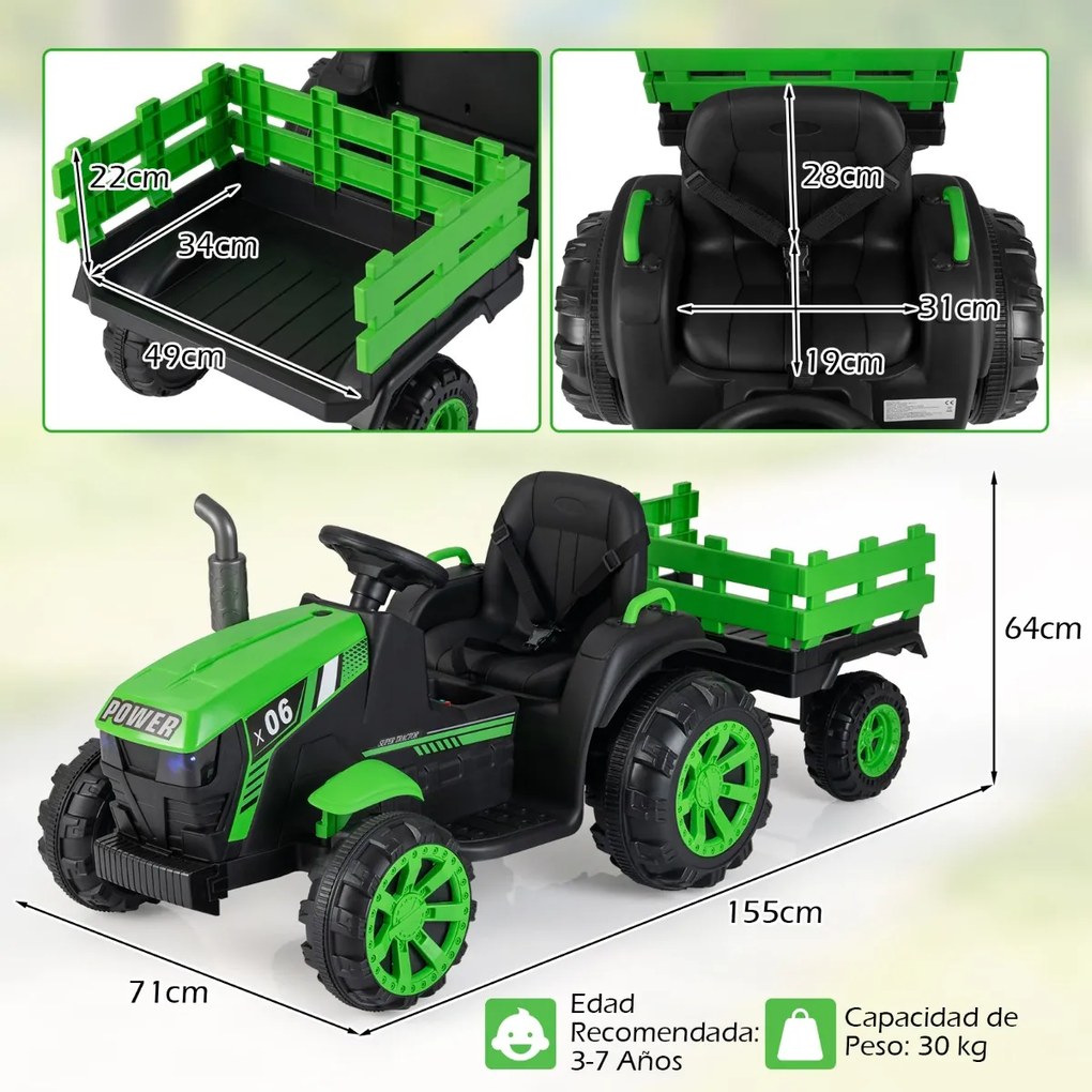 Trator elétrico para crianças 24V com faróis LED RGB Música Porta USB Reboque removível e controle remoto Verde