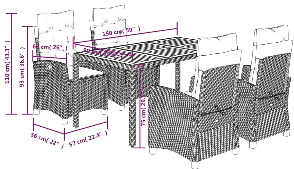 5 pcs conjunto de jantar p/ jardim c/ almofadões vime PE cinza