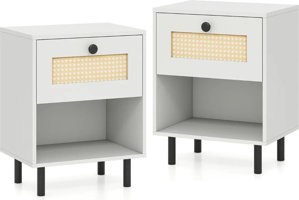 Conjunto de 2 mesas de cabeceira com gaveta estilo boémio, com pés de metal e compartimento aberto 40 x 30 x 52 cm Branca