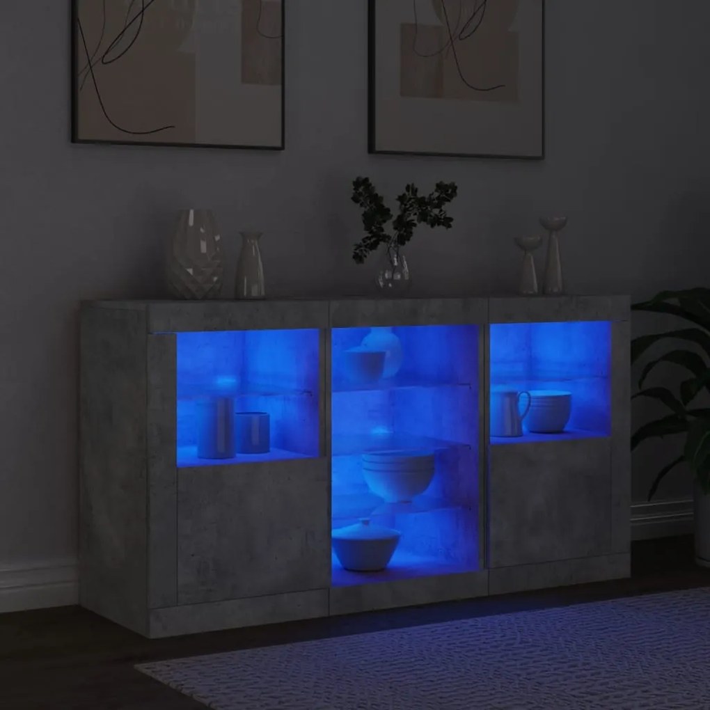 Aparador com luzes LED 123x37x67 cm cinzento cimento