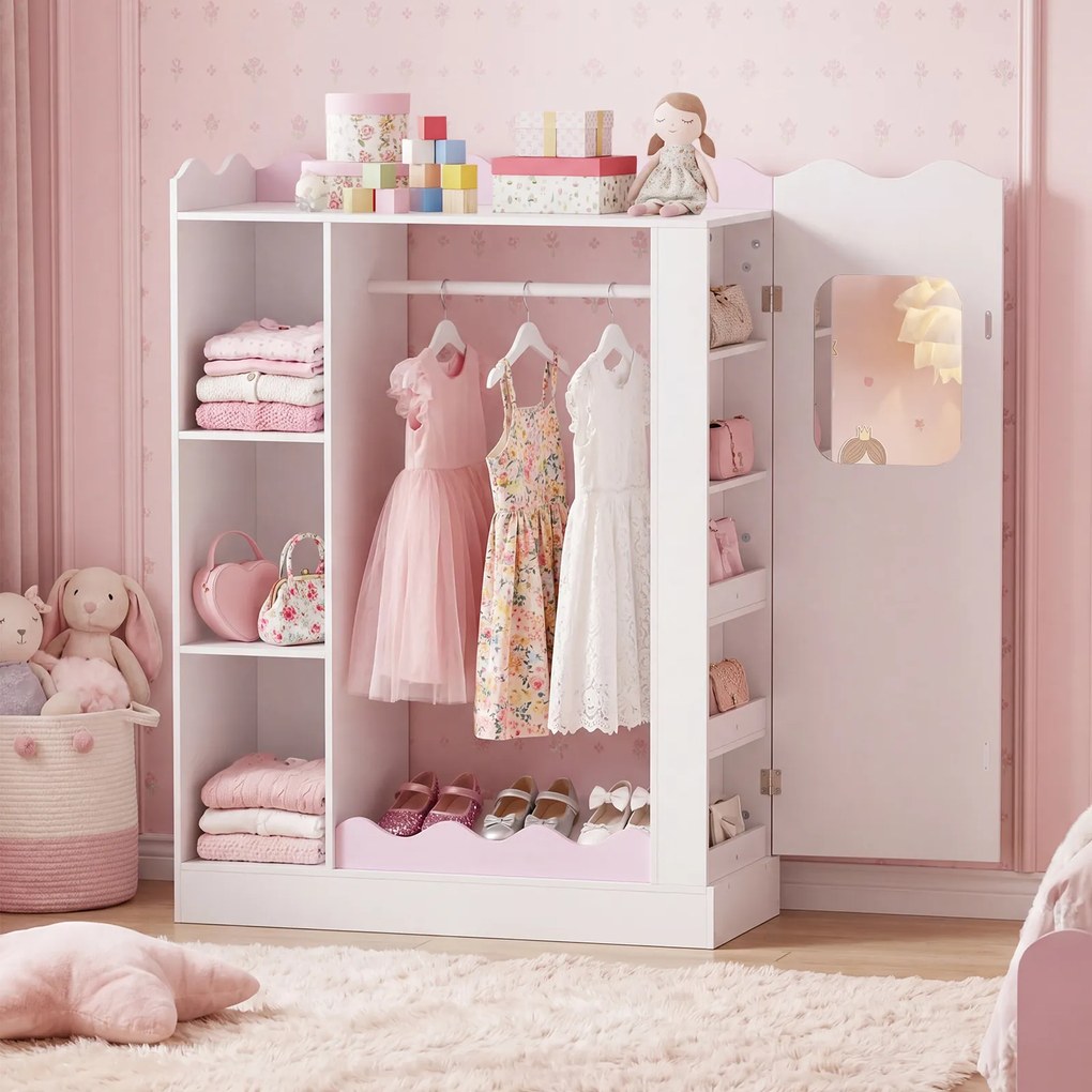 Armário Infantil para Roupa, 88 x 36 x 118,5 cm, Espelhos Interior e Exterior, Rosa
