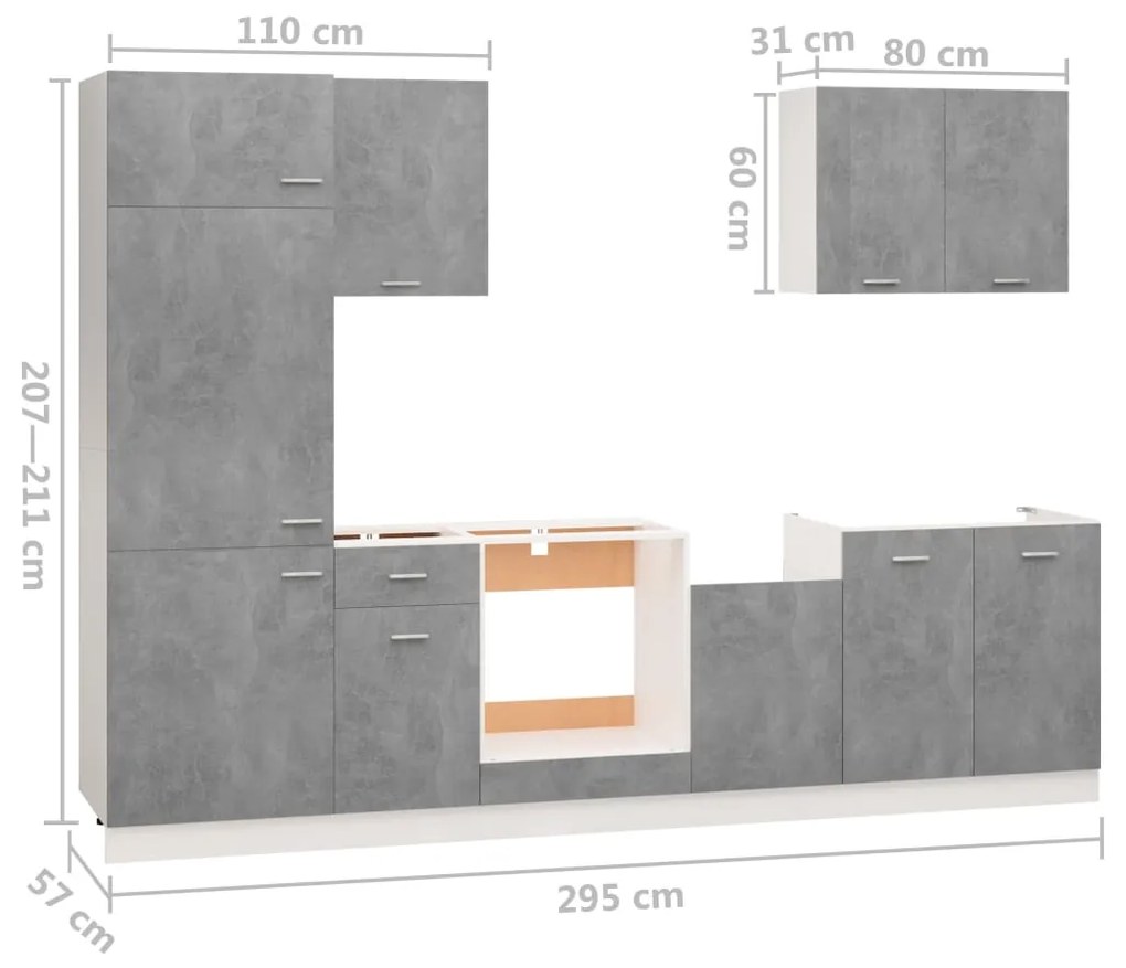 7 pcs conj. armários de cozinha contraplacado cinzento cimento