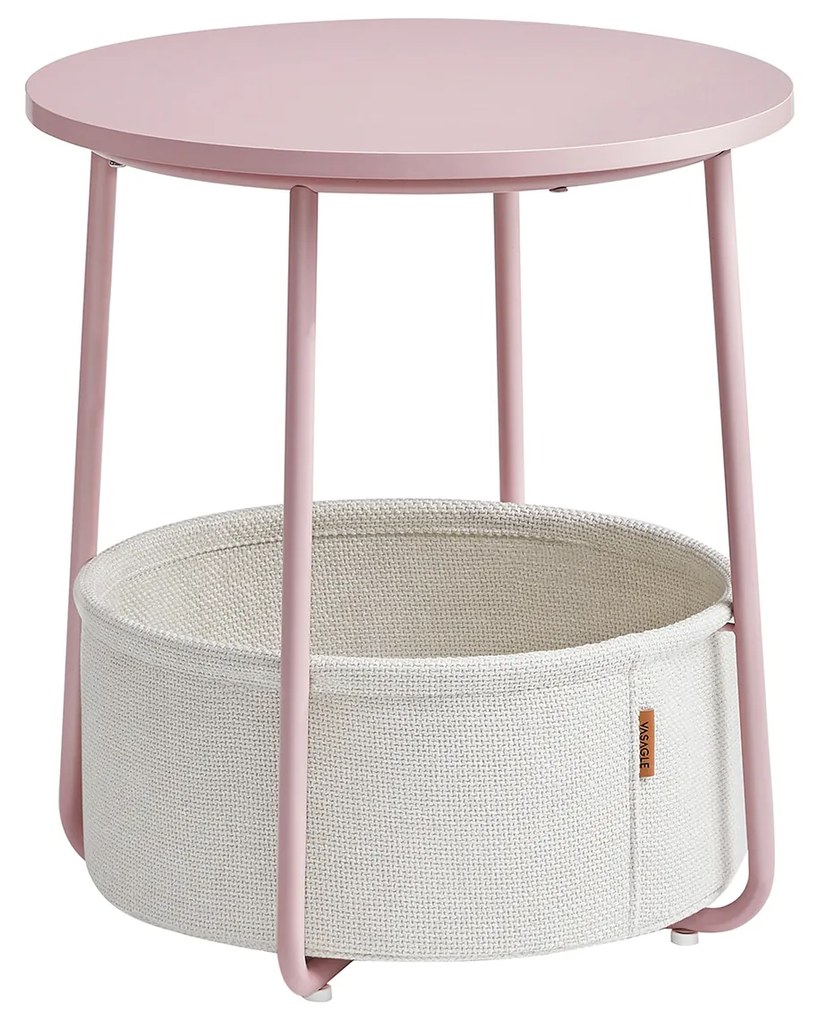 Mesa de apoio redonda 45 x 50 cm (Ø x H) com cesto em tecido branco nuvem e rosa pastel