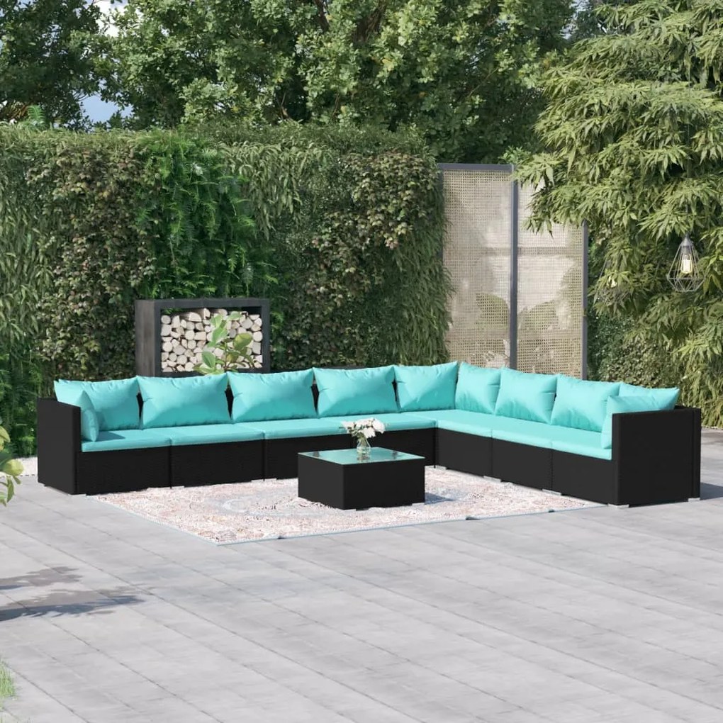 vidaXL 9 pcs conjunto lounge de jardim c/ almofadões vime PE preto