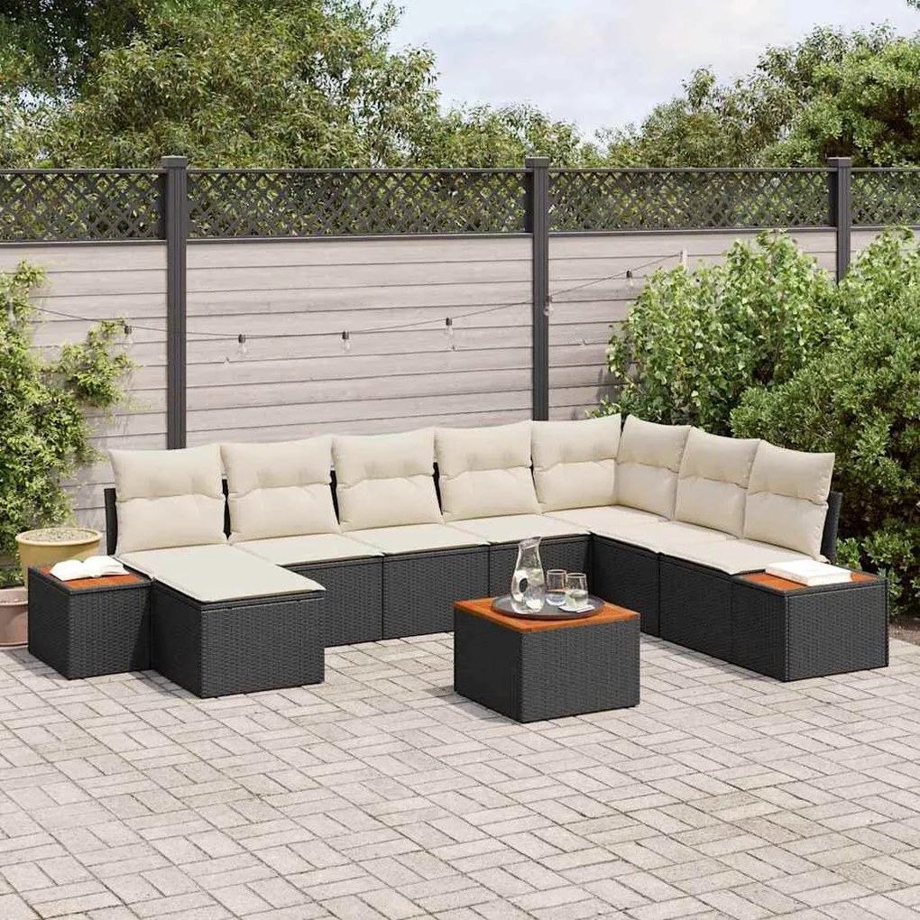 vidaXL Conjunto de Sofá de Jardim 9 pcs Preto e Creme Polirattan