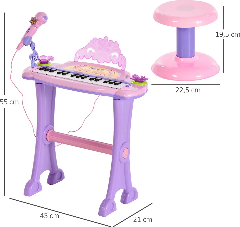 Piano Eléctrico Infantil 32 Teclas Piano Infantil com Microfone Banquinho Luzes Ritmos Sons MP3 Karaoke Rosa