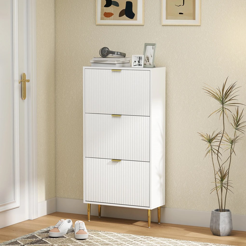 Sapateira com capacidade para 18 pares, com 3 gavetas rebatíveis, portas caneladas e prateleiras ajustáveis, 60 x 24 x 122,5 cm, branco