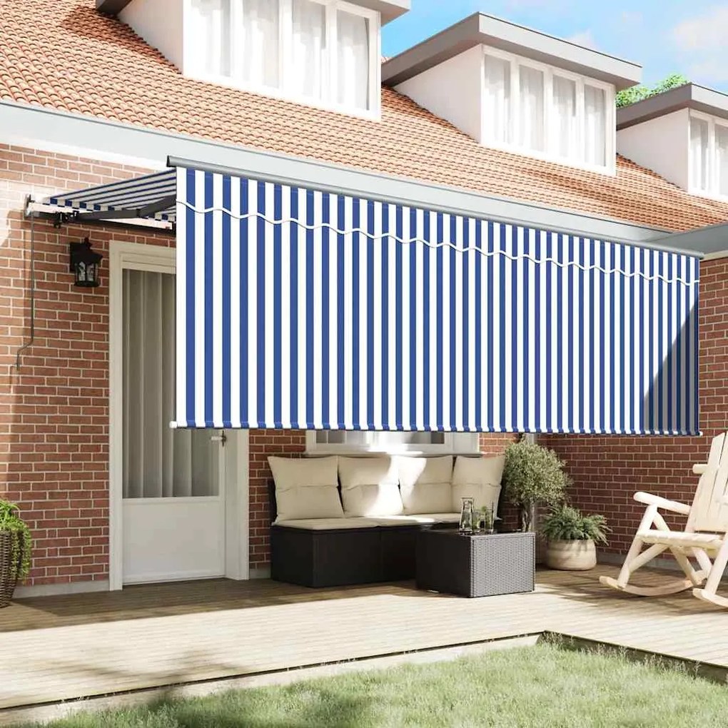 Toldo Retrátil Riscas Manual Azul e branco Antracite 350 x 200 cm