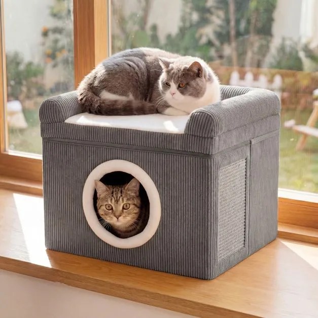 Cama para gatos de interior 49 x 41 x 39 cm - Grande caverna para gatos com condomínio, tapete de sisal para arranhar e almofada - cinzenta