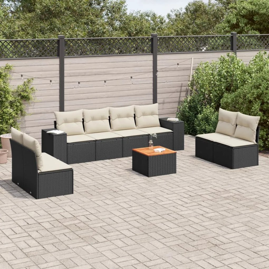 9 pcs conjunto de sofás p/ jardim c/ almofadões vime PE preto