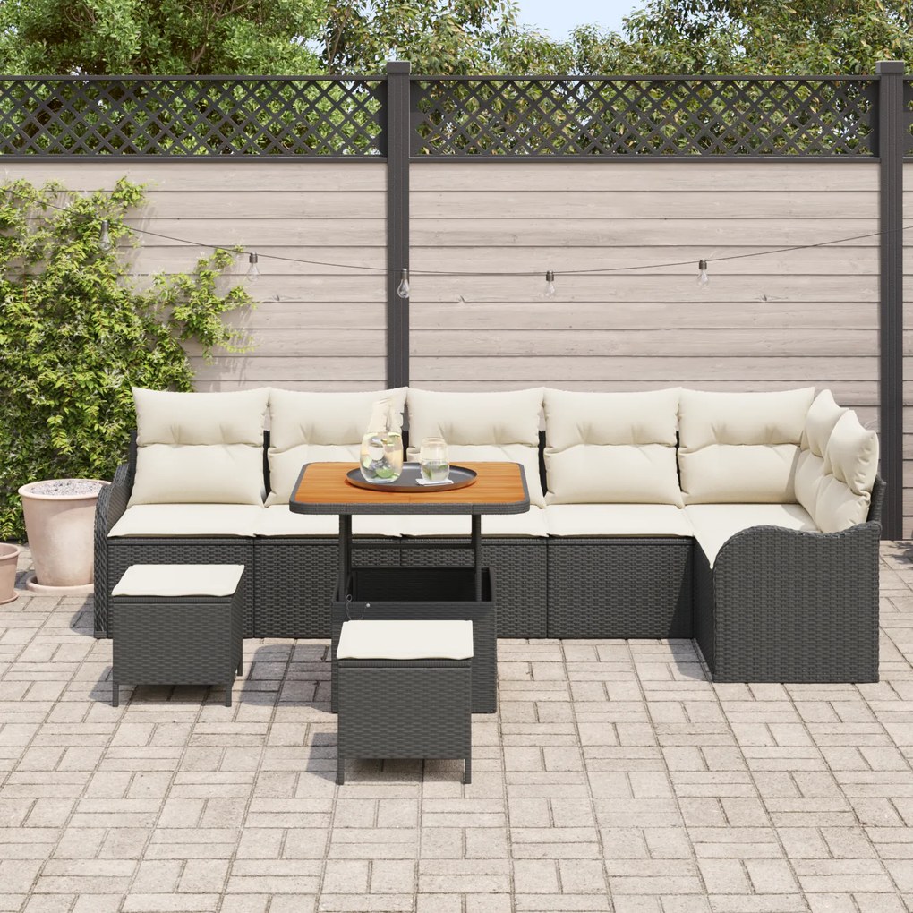 Conjunto de Sofá de Jardim de 9 Peças com Almofadas Preto Rattan Polié