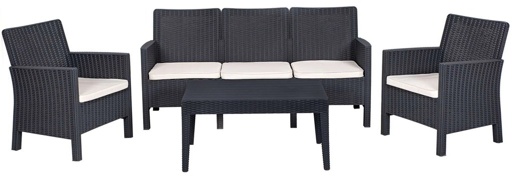 Set ADRIÁTICO, 2 Poltronas + Sofá 3 lugares + mesa, polipropileno antracite, coxim beige