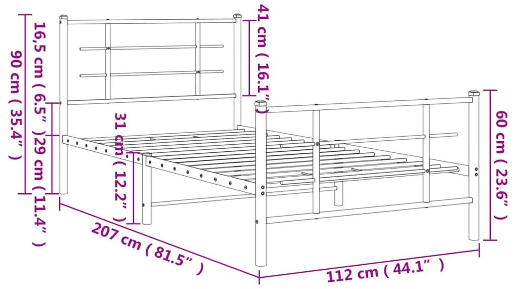 Estrutura de cama com cabeceira e pés 107x203 cm metal branco