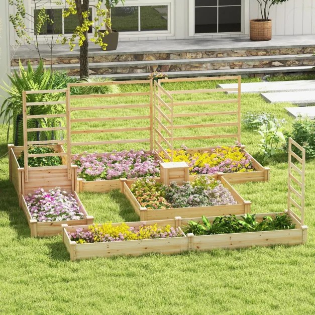 Floreira de jardim elevada com recipiente para composto e kit de plantador de madeira com fundo aberto para flores e plantas 24 x 124 x 25,5 cm Natura