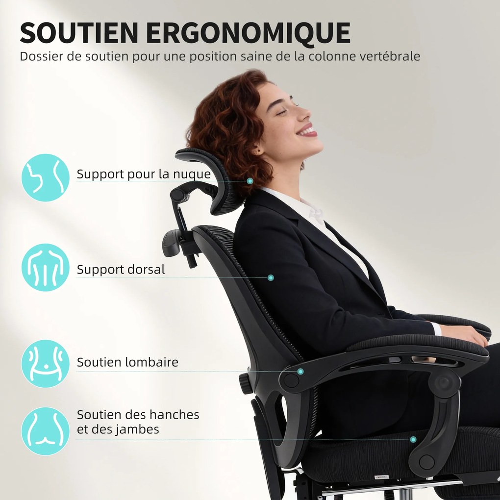 Cadeira de escritório ergonómica em malha com apoio para a cabeça ajustável, apoio lombar, 64 x 64 x 124 cm, preta