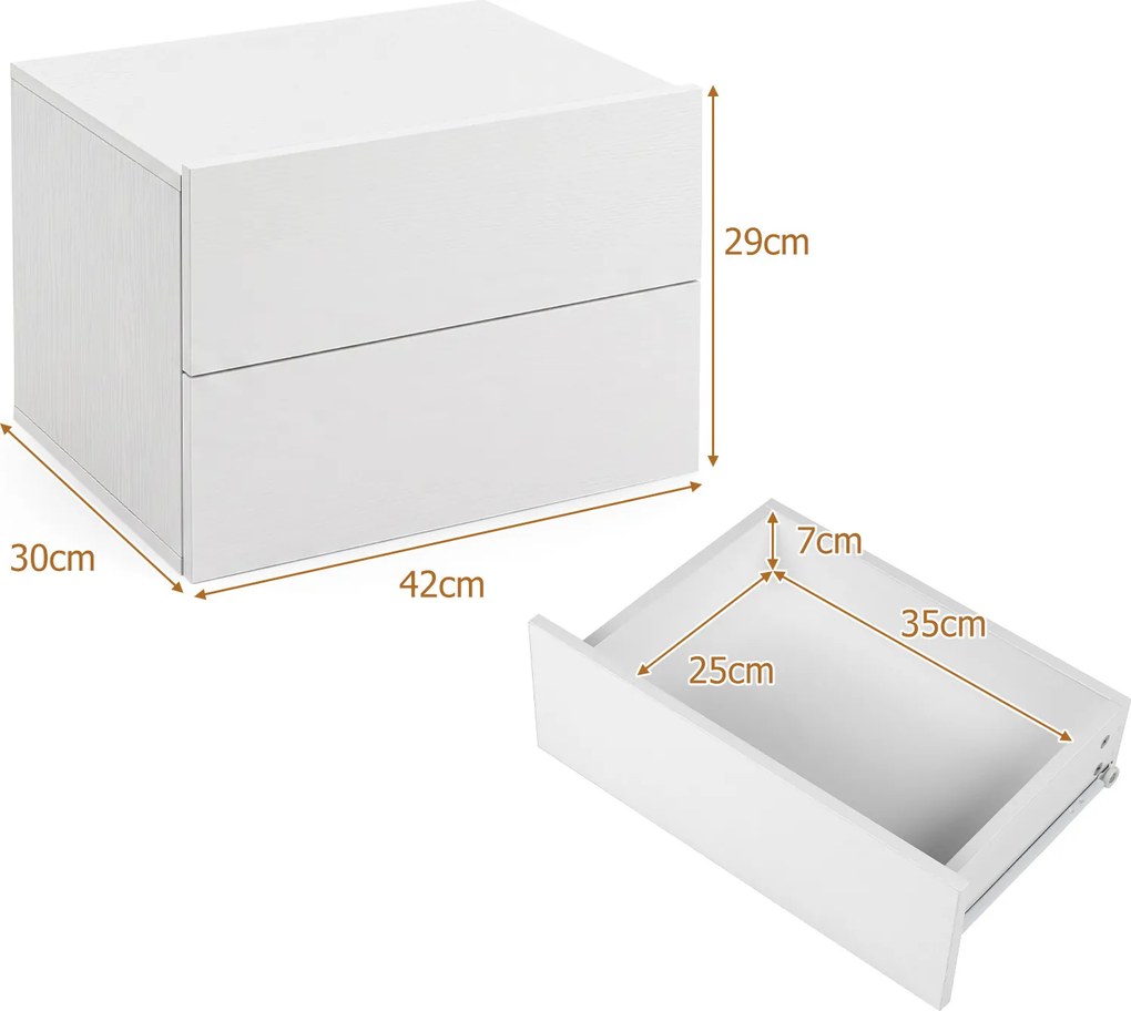 Conjunto de 2 Mesas de Cabeceira Suspensas, 42 x 30 x 29 cm, Duas Gavetas de Arrumação, Branco