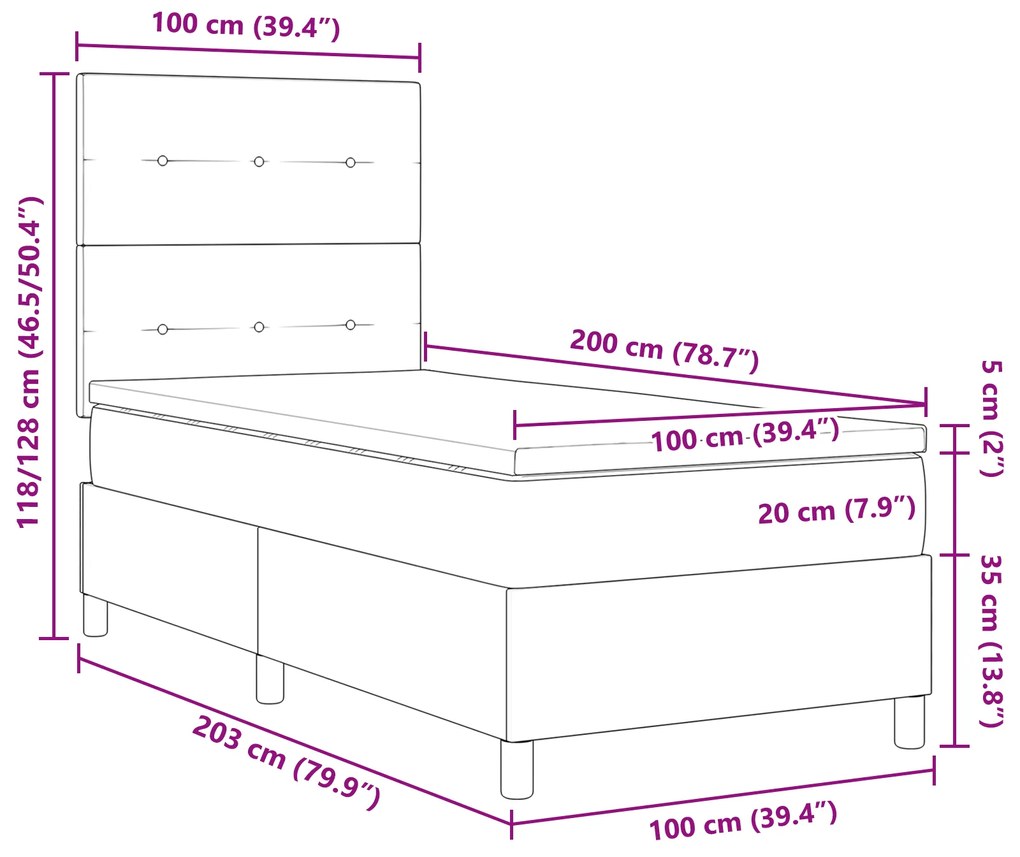 Cama Box Spring com Colchão Cinza Claro 100x200 cm Tecido