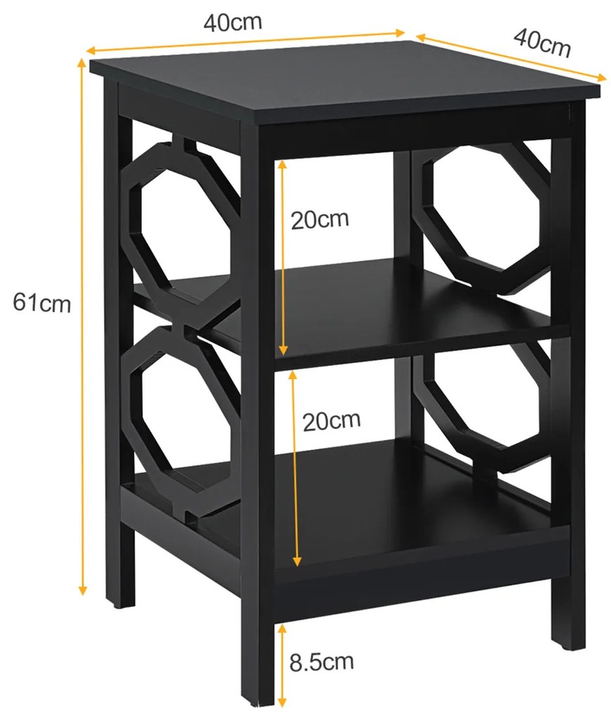 2 x Mesas de cabeceira 3 camadas decoração de mesa lateral em formato ômega mesa lateral para sofá quarto sala corredor 40 x 40 x 61 cm Preto
