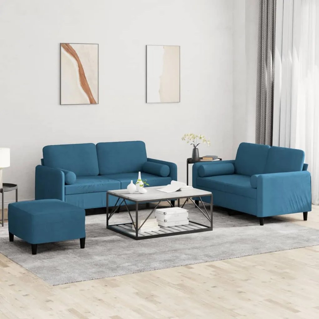 3 pcs conjunto de sofás com almofadas veludo azul