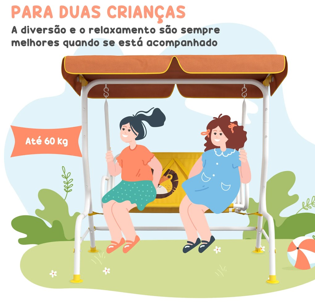 Baloiço de Jardim Infantil de 2 Lugares com Padrão de Leão Carga 60 kg 110x70x110 cm Amarelo