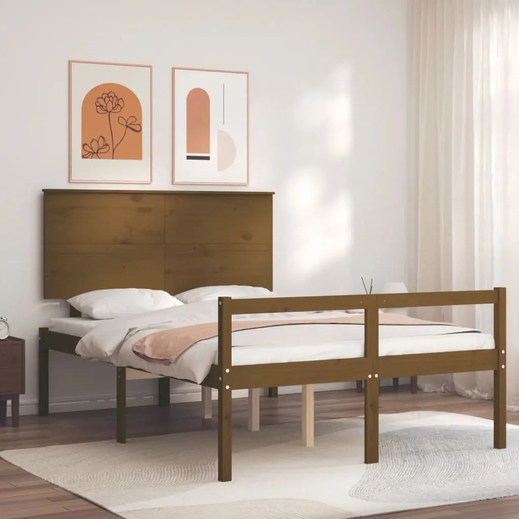 Estrutura de cama dupla pequena 4FT madeira maciça castanho-mel