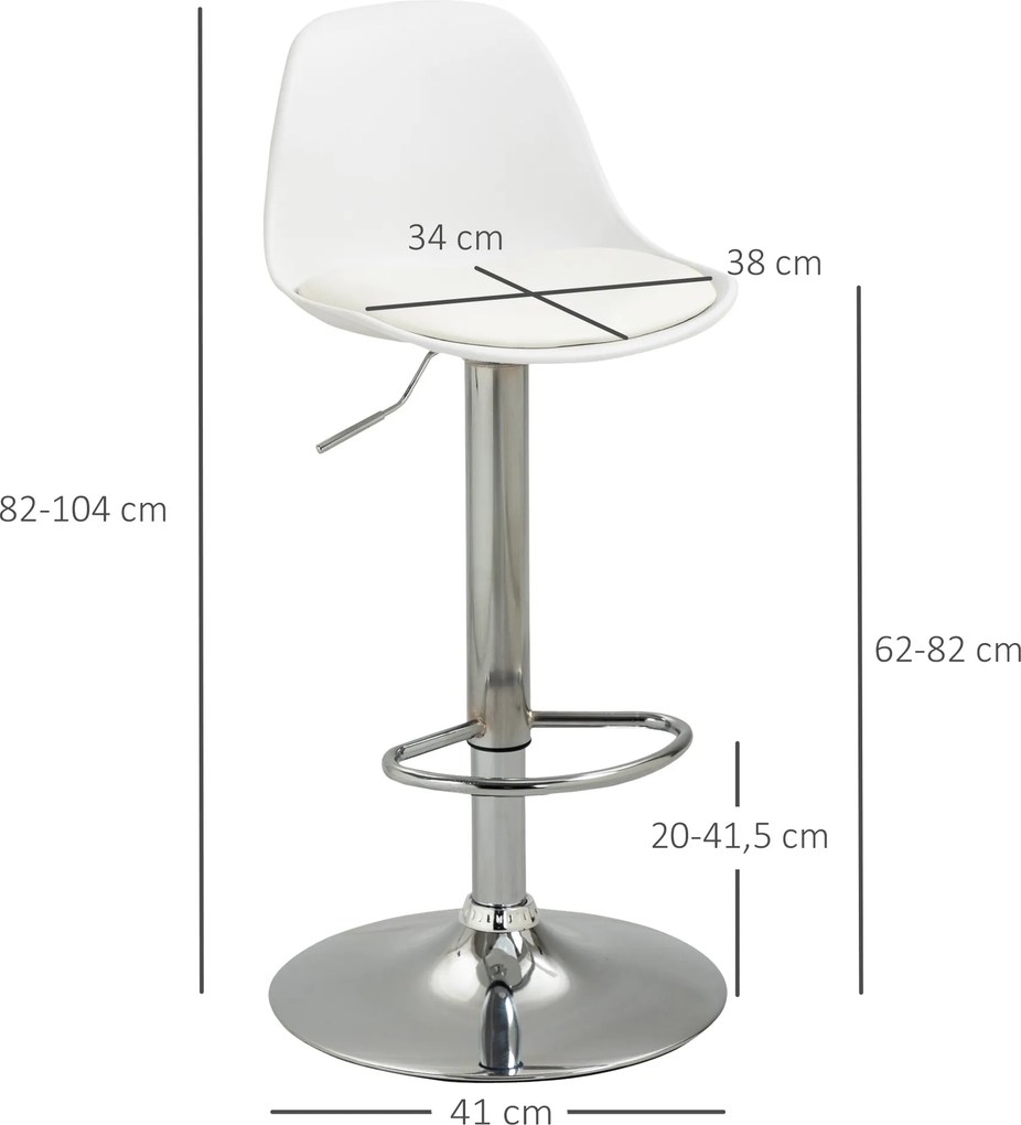 Conjunto de 2 bancos de bar e cadeiras altas de cozinha com encosto e apoio para os pés, altura ajustável, 41 x 42 x 82–104 cm, branco