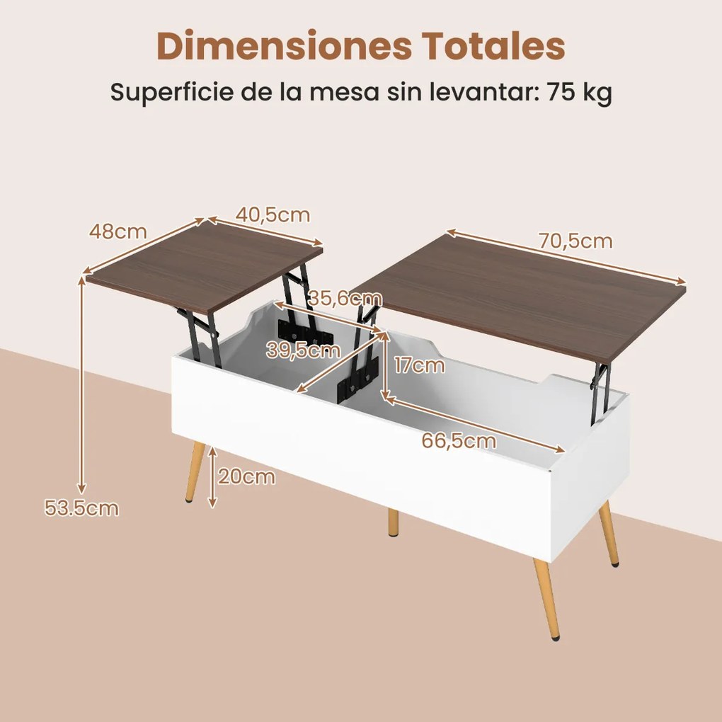Mesa de centro moderna elevável com 2 compartimentos de armazenamento ocultos 111 x 48 x 40-53,5 cm Branco e cor nogueira