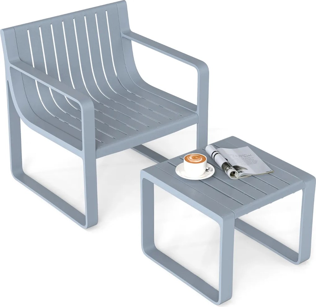 Conjunto de móveis de jardim de 2 peças Cadeira PP com mesa e cadeira de ripas Bistro para alpendre e jardim Cinzento