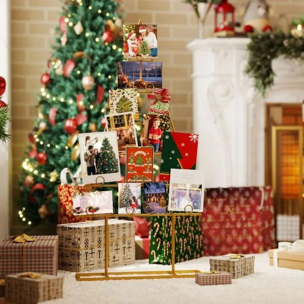 Conjunto de 2 suportes para cartões ou fotos em forma de árvore de Natal com 36 clipes redondos de metal dourados