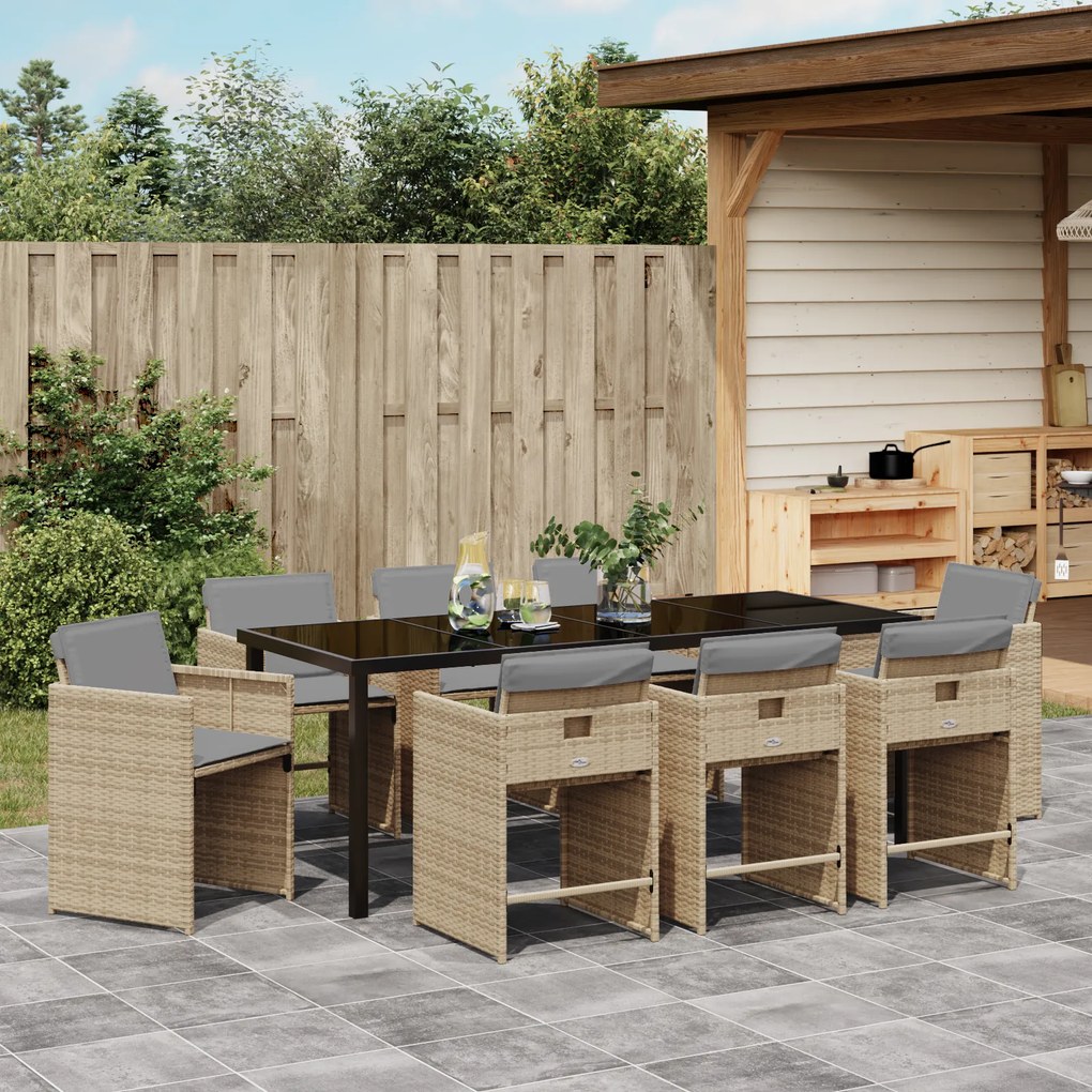 Conjunto de Jantar de Jardim vidaXL de 9 Peças com Almofadas Bege de R