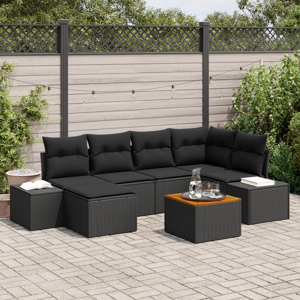 Conjunto de Sofás de Jardim com Almofadas Preto Rattan Poliéster Acáci