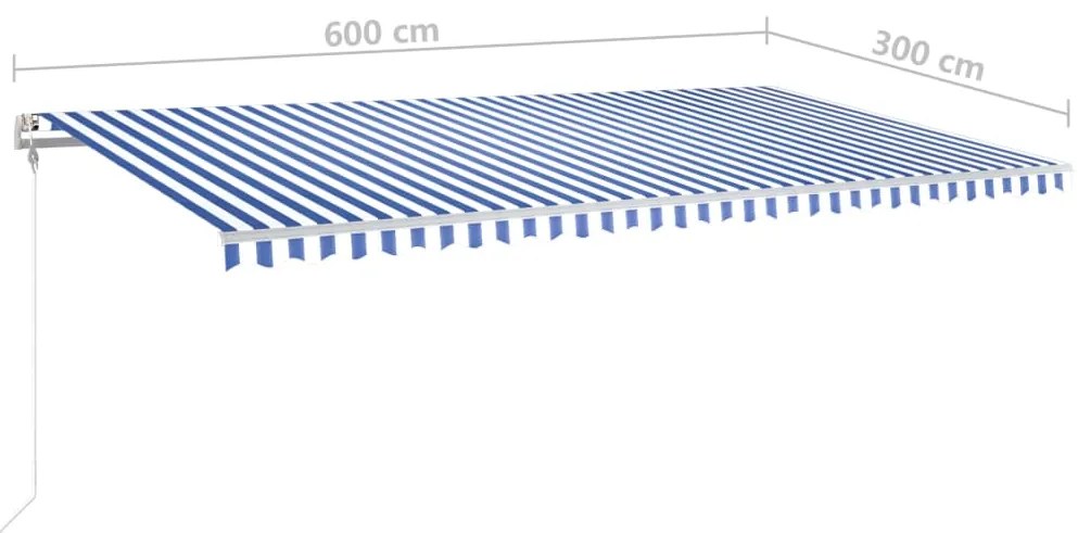 Toldo retrátil manual com postes 6x3 m azul e branco