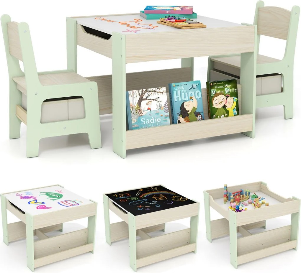 Conjunto de mesa e cadeiras infantil Mesa de atividades 4 em 1 para crianças com superfície reversível Prateleiras para livros e caixas Verde