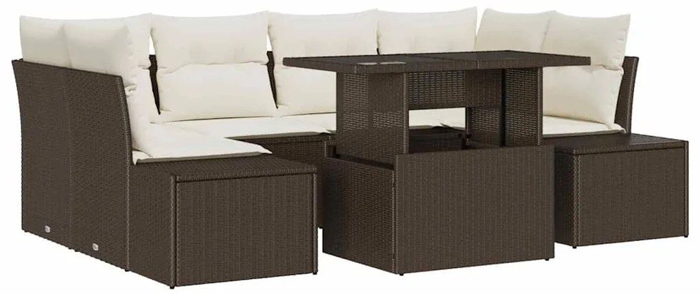 Conjunto de Sofá de Jardim 7 Peças com Almofadas Castanho em Rattan