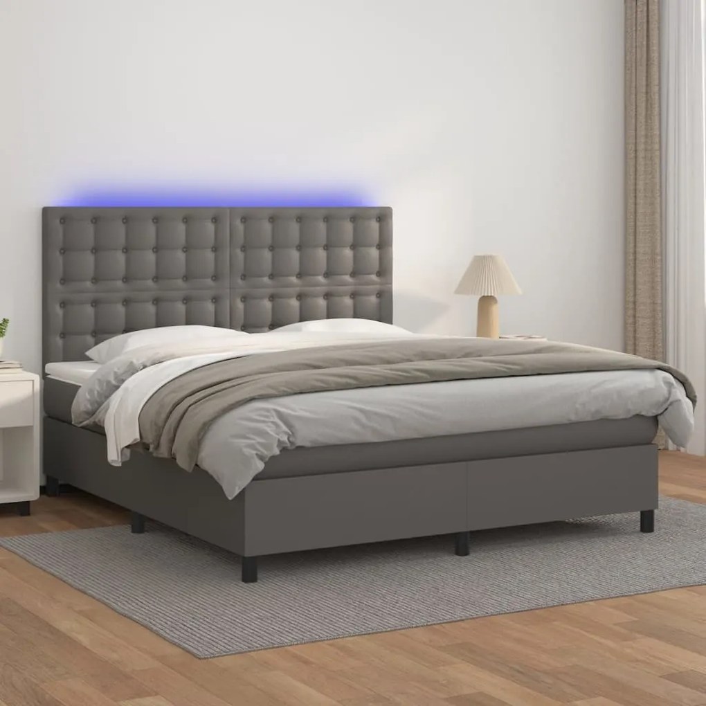 vidaXL Cama box spring c/ colchão/LED 160x200cm couro artificial cinza