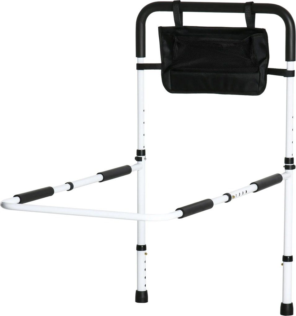 Barra de apoio para cama com pés, proteção ajustável em 5 alturas, bolso de arrumação, 52 x 85-95 x 71-102 cm, branco e preto