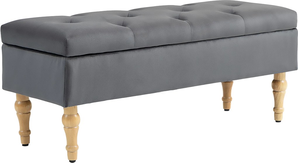 Banco com arrumação 2 em 1, em veludo 102 C x 38 P x 41 A cm com tampa articulada acolchoada e pés em madeira, cinzento