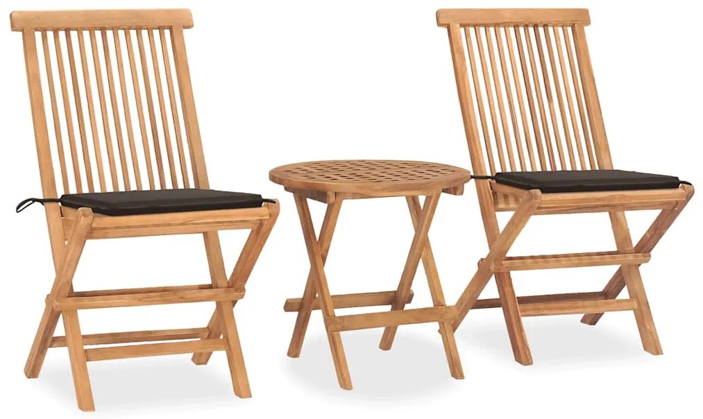 vidaXL 3 pcs conj. jantar dobrável exterior c/ almofadão teca maciça