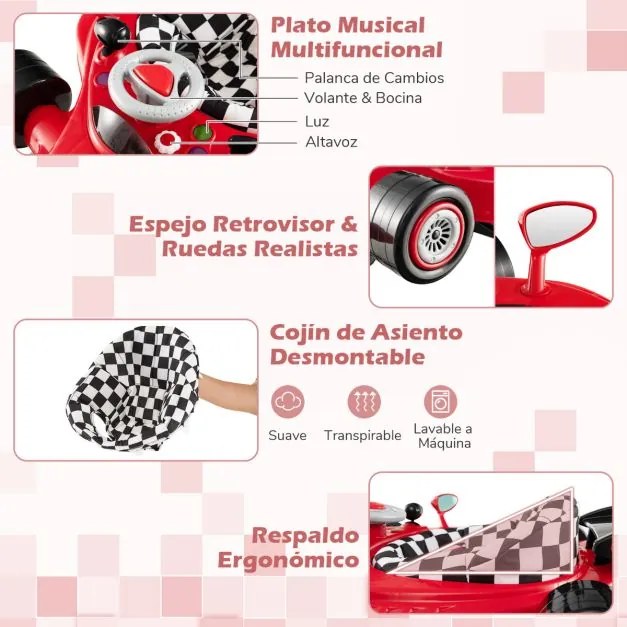 Andarilho dobrável convertível 4 em 1 3 níveis de altura ajustável Música e bandeja de alimentação Almofada almofadada para bebés 7-14 meses Vermelho