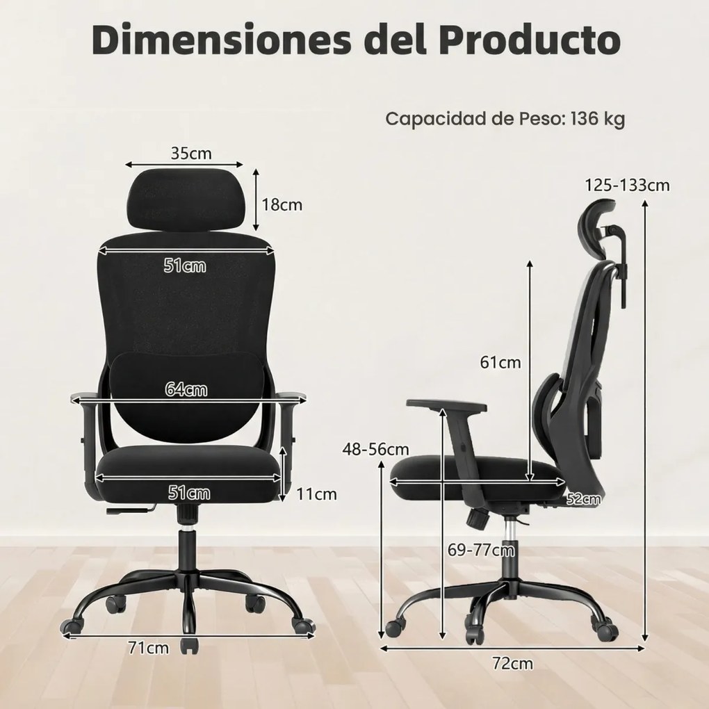 Cadeira ergonómica de escritório com apoio de cabeça ajustável e apoio lombar giratório e reclinável para casa, escritório Preto