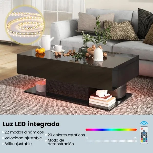 Mesa de centro retangular LED moderna de 2 níveis com 20 luzes LED coloridas 2 gavetas de arrumação 110 x 60 x 40 cm Preto