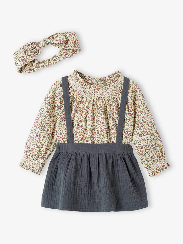 Conjunto de 3 peças: camisola + fita de cabelo + saia com alças, para bebé verde