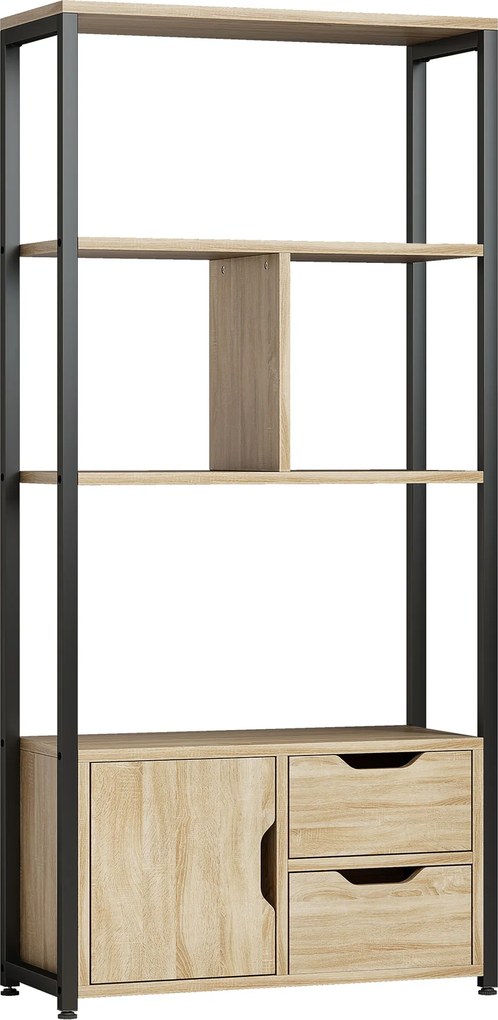 HOMCOM Estante Estilo Industrial 3 Prateleiras Armário com Porta 2 Gavetas 58x24x122 cm Efeito Madeira Natural Aço Preto | Aosom Portugal