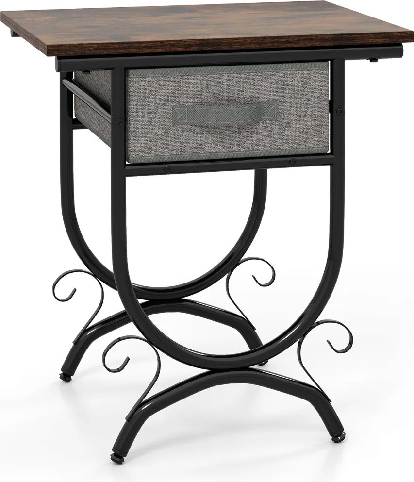 Mesa de cabeceira com gaveta de tecido, tábua de madeira e estrutura metálica 48 x 35 x 53 cm Castanho e cinzento