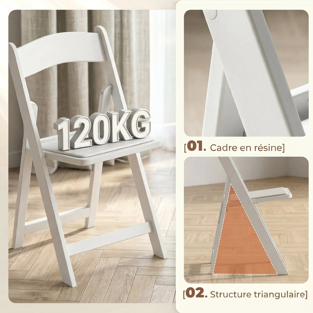 Conjunto de 4 cadeiras dobráveis em resina e PU (MESA NÃO INCLUIDA), cadeiras dobráveis portáteis para interior e exterior, 45 x 44 x 78 cm, branco