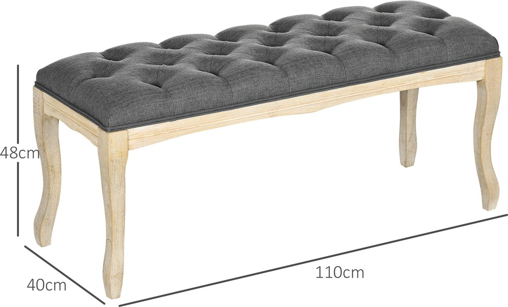 Banco estofado estilo clássico, 110 cm, para colocar ao pé da cama, estofado em linho, com base em madeira de hevea esculpida, linho cinzento